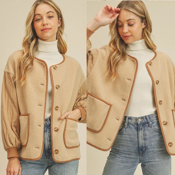ANTHRO PAPER CRANE Jenea Cozy Neutral Quilted Sleeve Boxy Fall Teddy Jacket - Picture 1 of 7